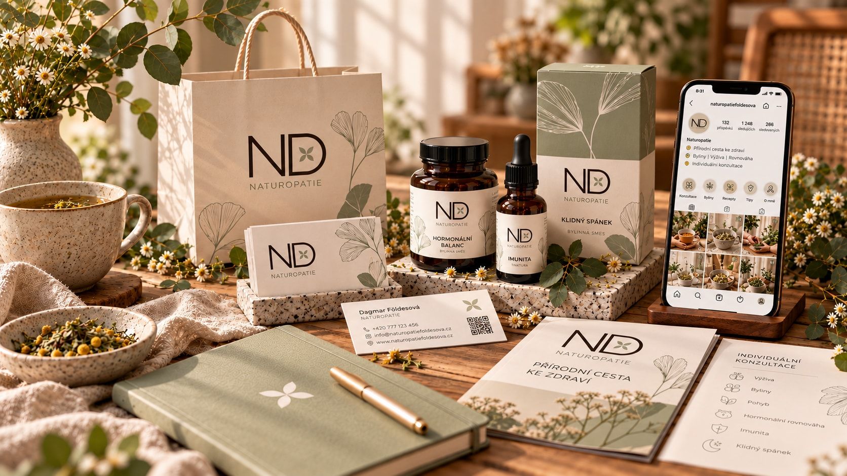Vizuální identita značky ND Naturopatie na dřevěném stole: papírová taška a kartičky s logem, lahvičky a krabička bylinných směsí, telefon s profilem na Instagramu, kontaktní vizitka s QR kódem, zápisník, brožura a konzultační list.